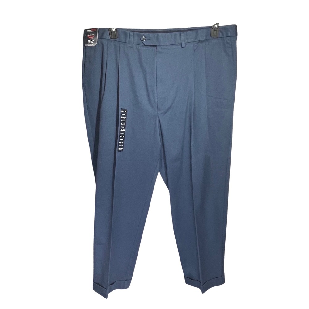 Roundtree & Yorke TravelSmart Mens 46x29 Blue Pleated Cuffed Chino Pants Comfort